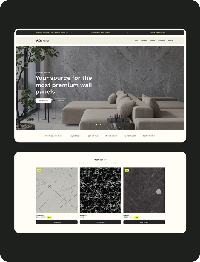 Screens from the Aura Panel website design, including the product catalog and installation guide