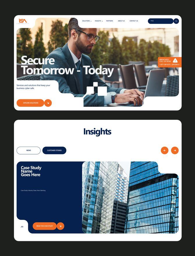 Screens from the ISA Cybersecurity website, including the homepage and insights section