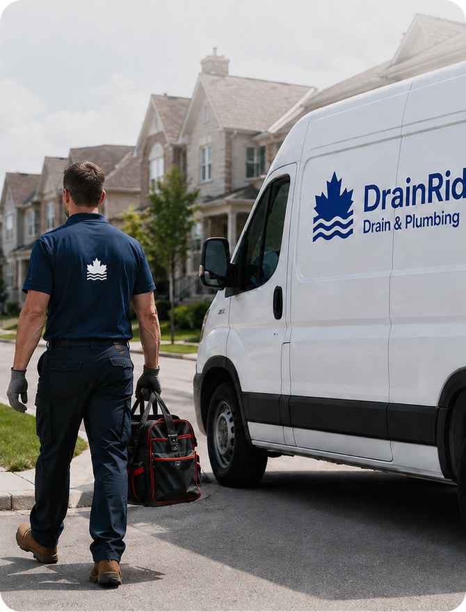 Two Drain Ridge technicians carrying equipment back to a branded service van on a residential street