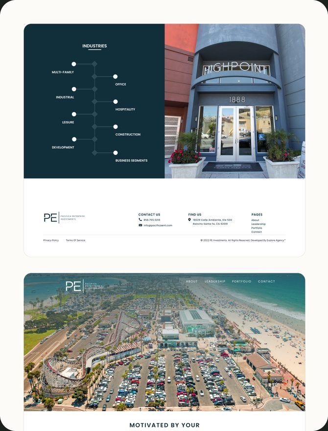 Screens from the PE Management Group website, including the property carousel and portfolio metrics
