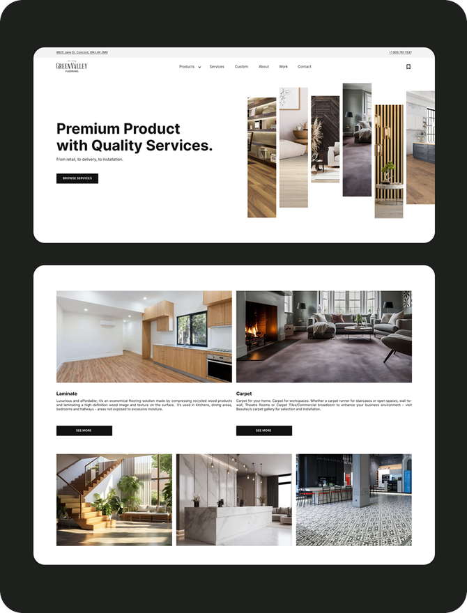 Screens from the GreenValley Flooring website, including product pages and completed projects