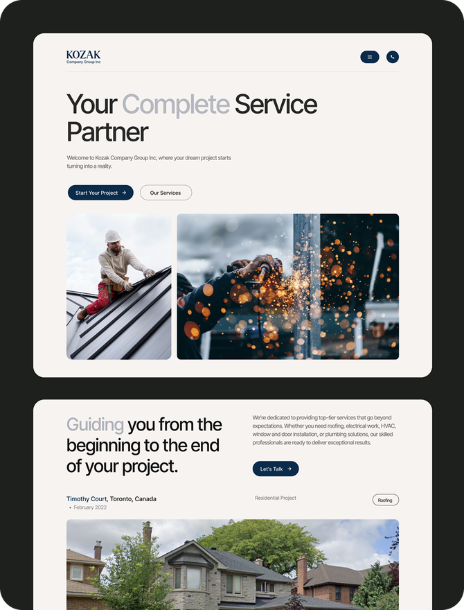 Screens from the Kozak Company Group website, including the service grid and project pages