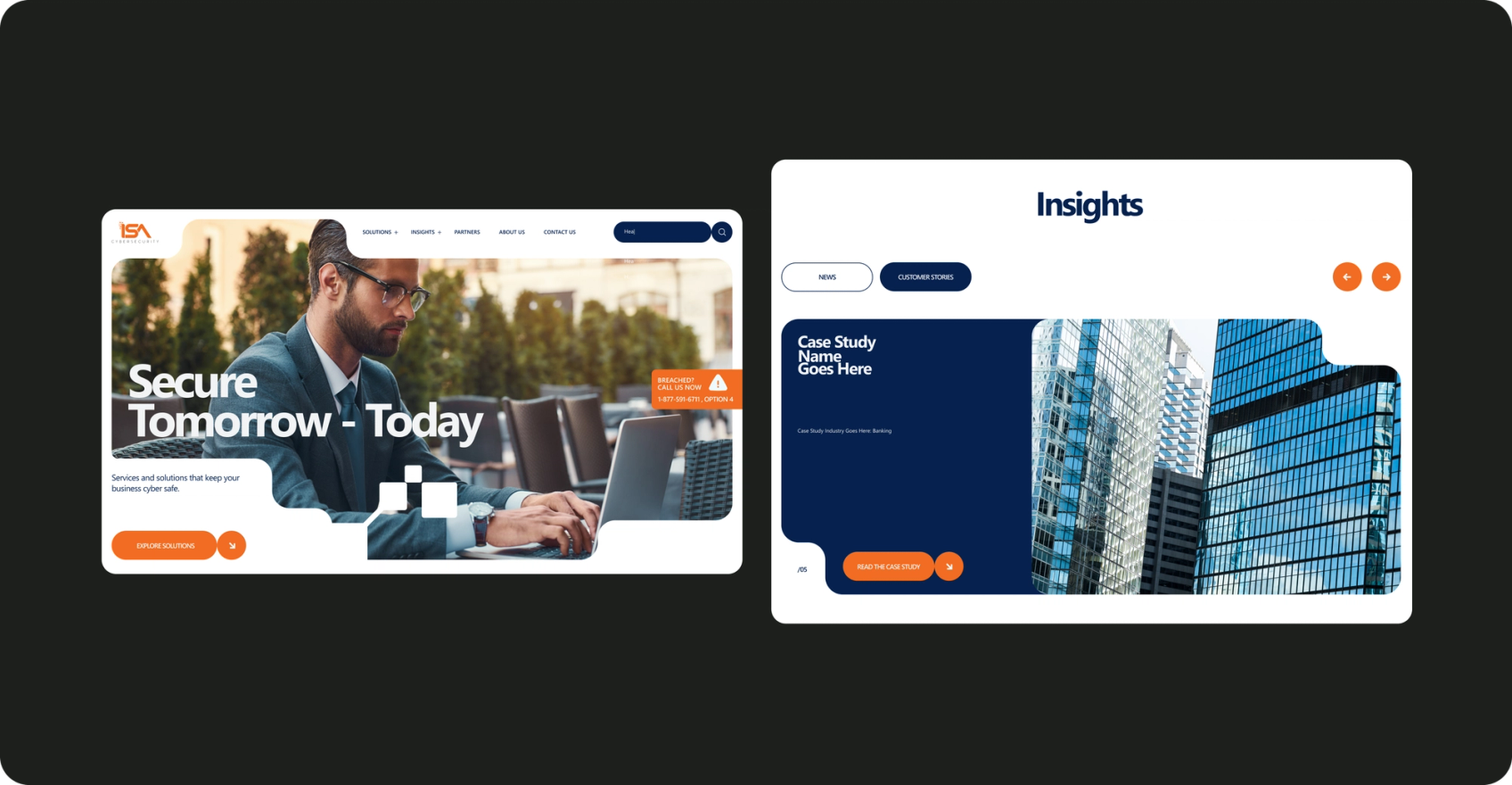 Screens from the ISA Cybersecurity website, including the homepage and insights section