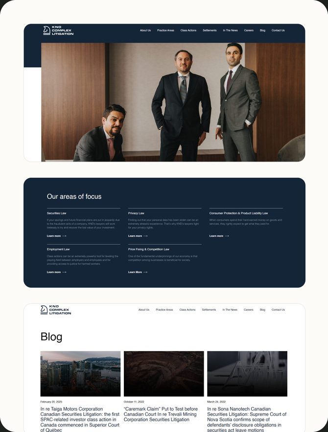 Screens from the KND Complex Litigation website, including areas of focus and the blog