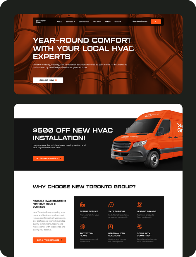 Screens from the New Toronto Group website, including the HVAC offer and completed projects