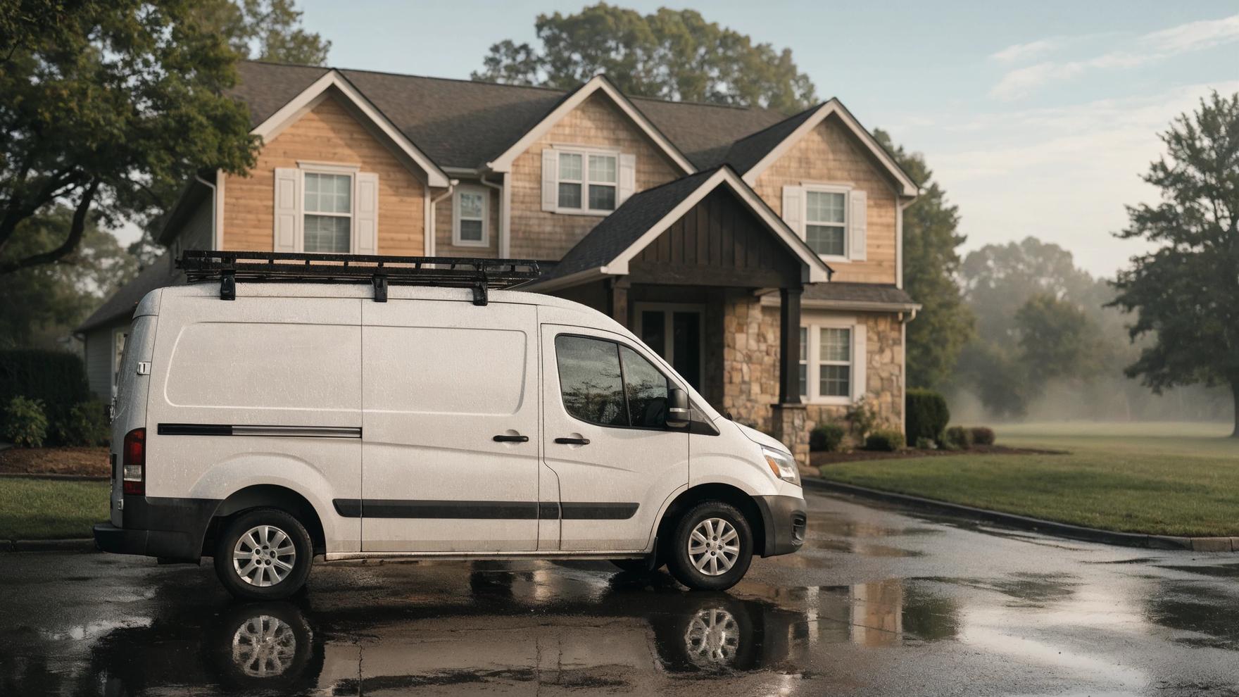 A white work van with roof ladder racks parked in the driveway of a suburban home