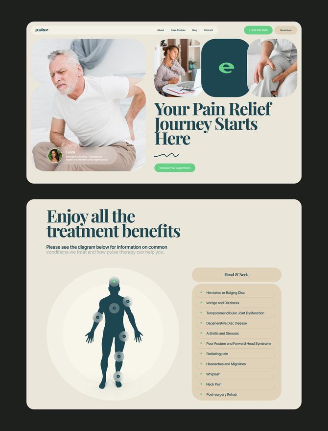 Screens from the Pulse Pain Relief website design, including the treatment benefits section