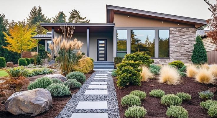 A single-storey house with a landscaped front garden