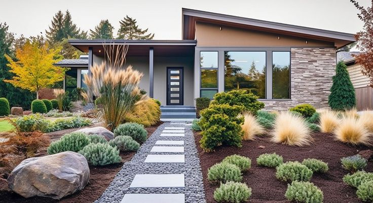 A single-storey house with a landscaped front garden