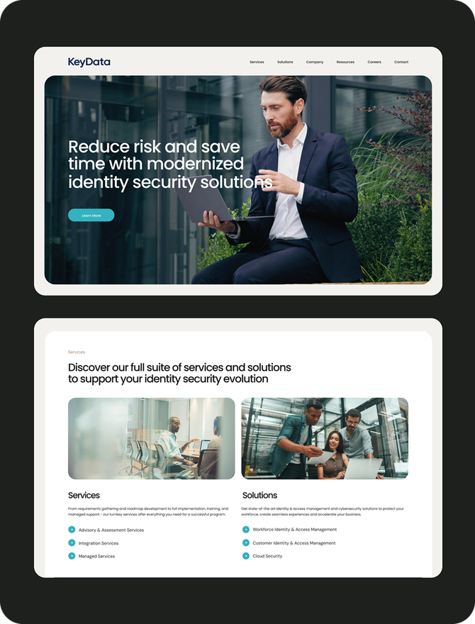 Screens from the KeyData website design, including the homepage and solutions overview