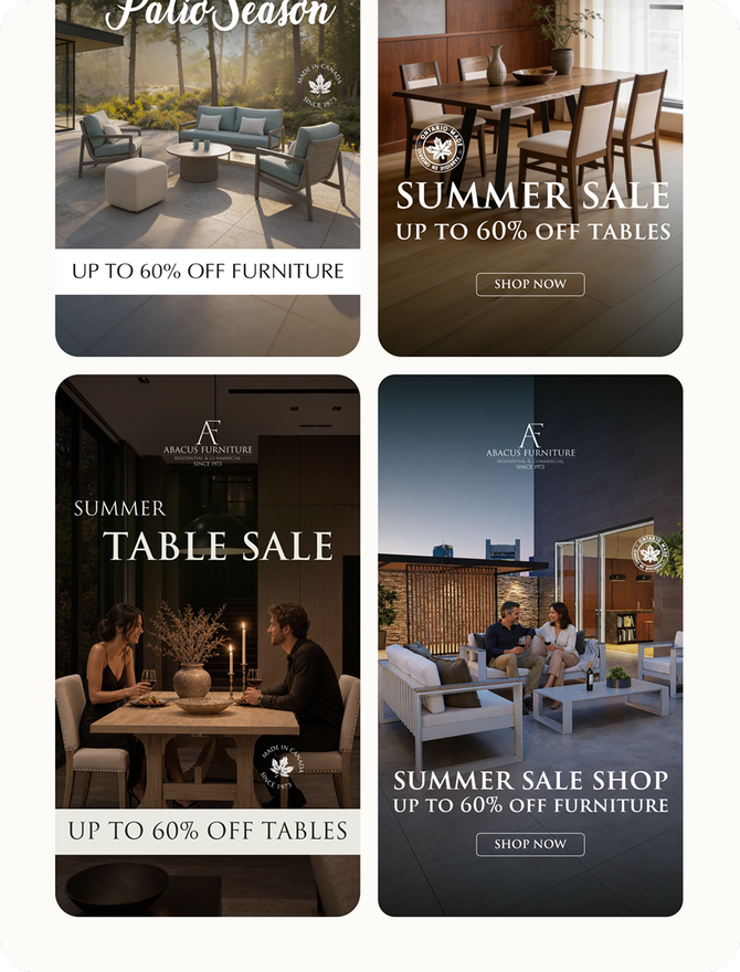Paid social ad creatives for Abacus Furniture’s seasonal table and patio sales