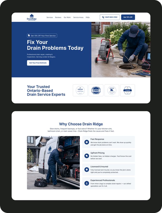 Screens from the Drain Ridge landing pages: the estimate hero, the recent-work gallery, the drain services breakdown and the reasons-to-choose section