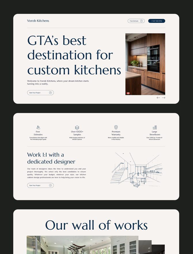 Screens from the Vorob Kitchens website, including the custom kitchen pages and project wall