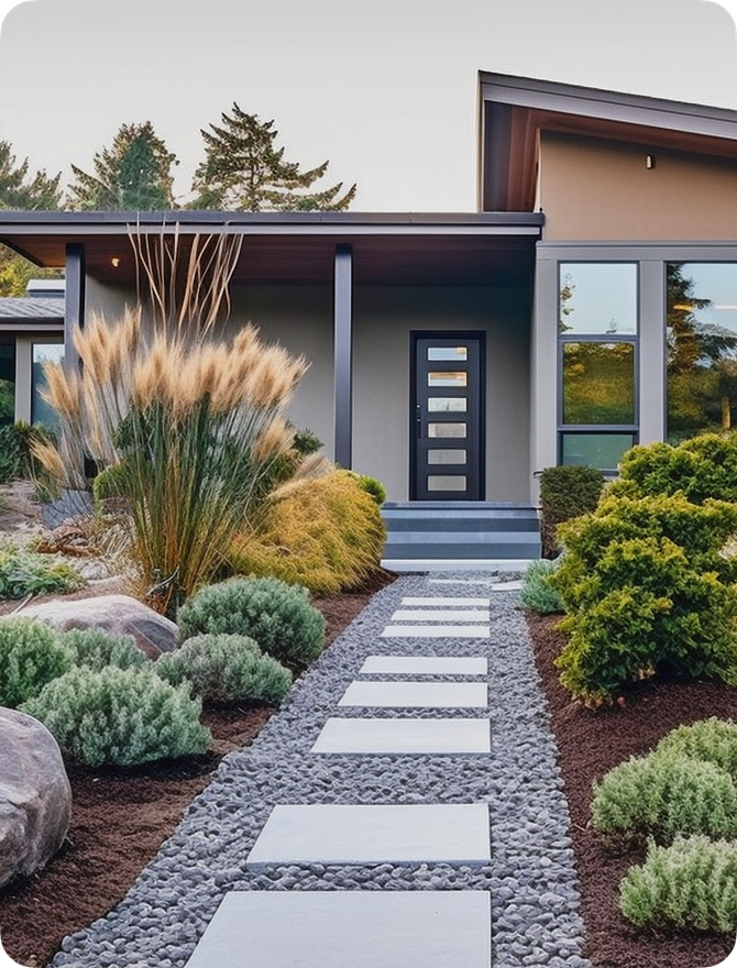 A single-storey house with a landscaped front garden