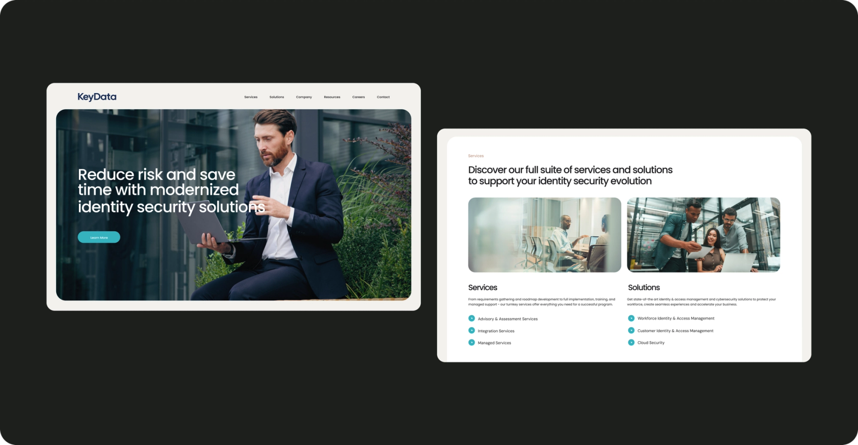 Screens from the KeyData website design, including the homepage and solutions overview