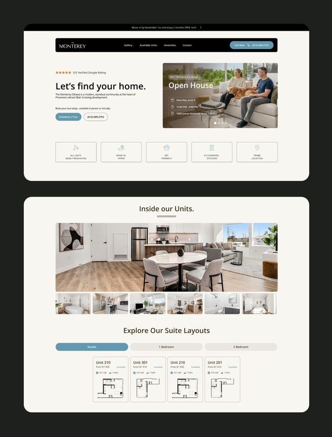 Screens from The Monterey Ottawa rental website, including suite layouts and the open house prompt
