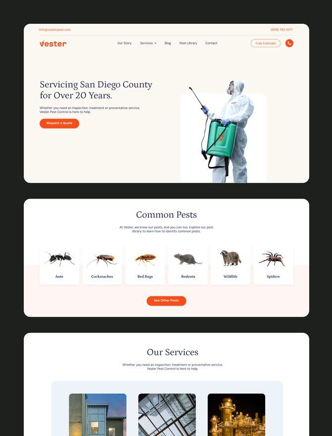 Screens from the Vester Pest Control website, including the services and common pests sections