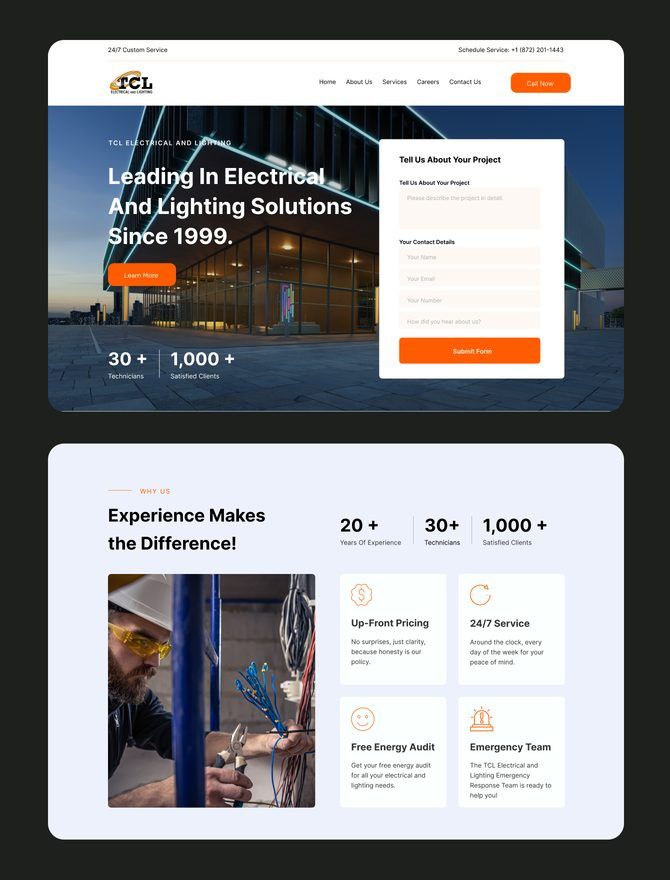 Screens from the TCL Electrical website design, including the homepage and scheduling form
