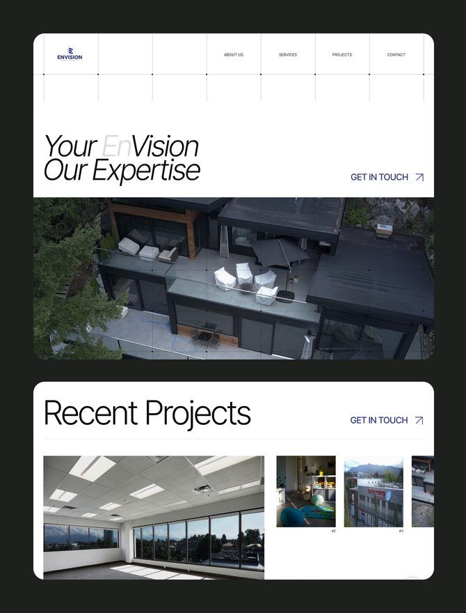 Screens from the Envision Improvements website, including the portfolio and contact sections