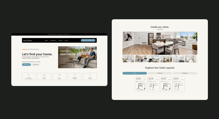 Screens from The Monterey Ottawa rental website, including suite layouts and the open house prompt