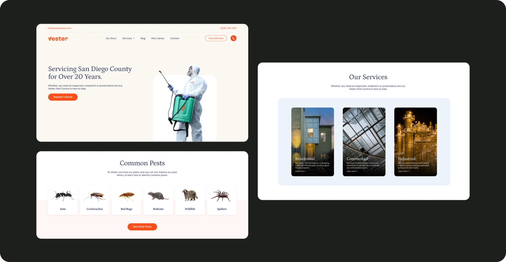 Screens from the Vester Pest Control website, including the services and common pests sections