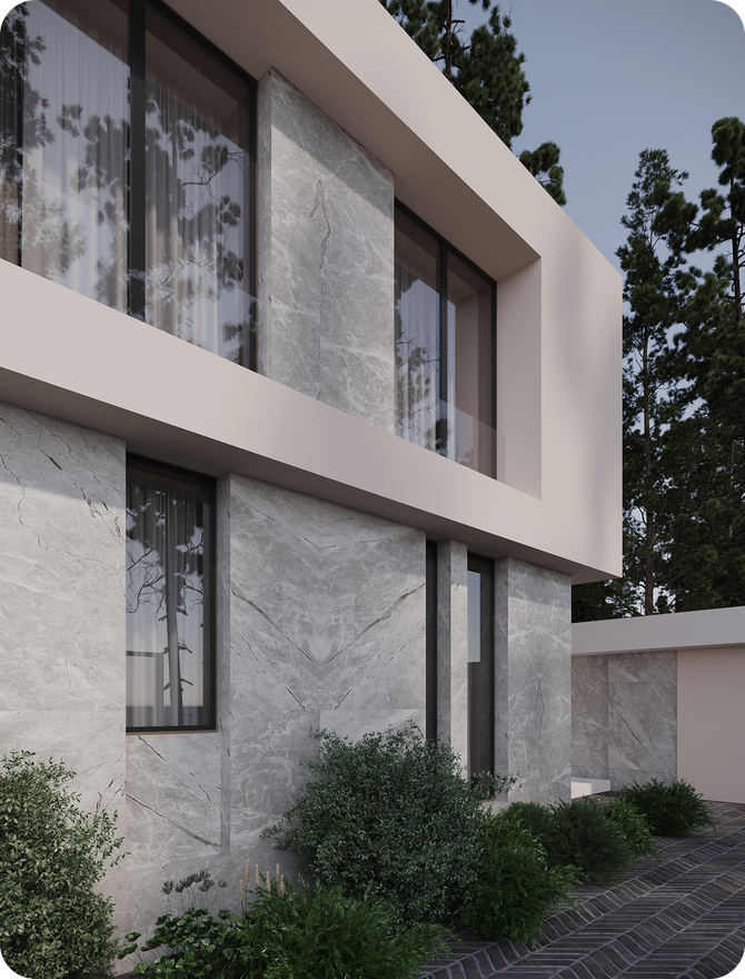 A marble-look wall panel on the exterior of a modern building