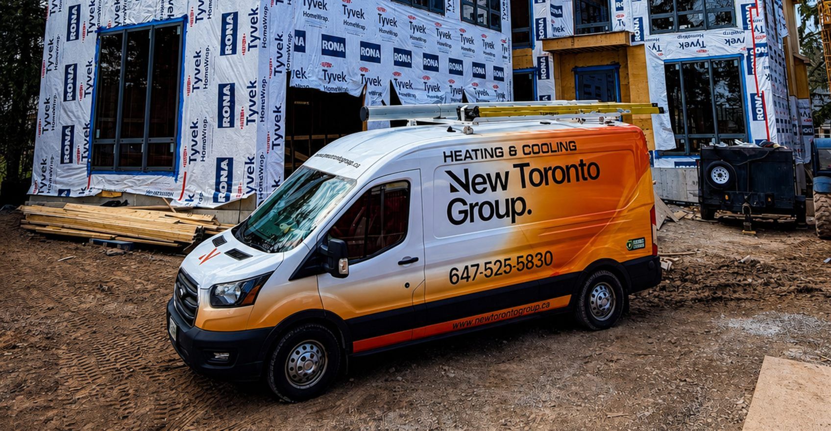 A New Toronto Group heating and cooling van outside a house under construction