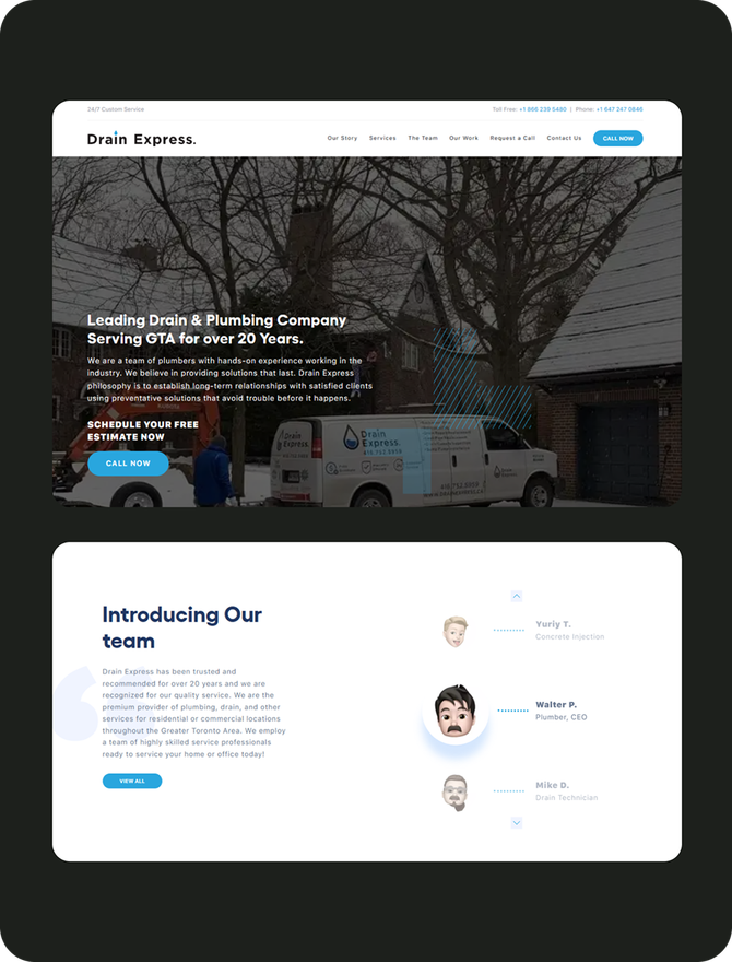 Screens from the Drain Express website, including the service area map and team section