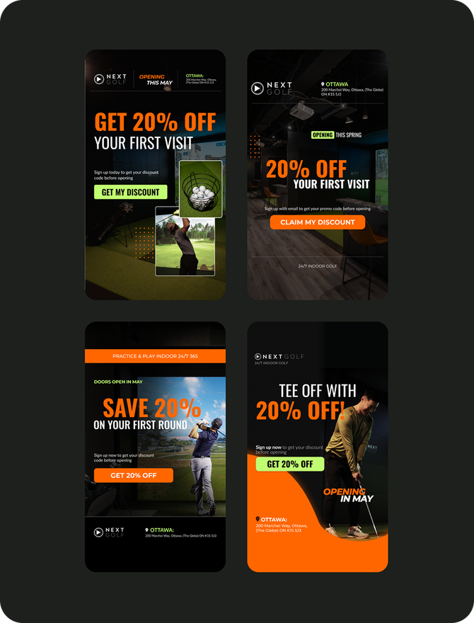 Mobile ad creatives for NextGolf’s trial discounts and new location openings