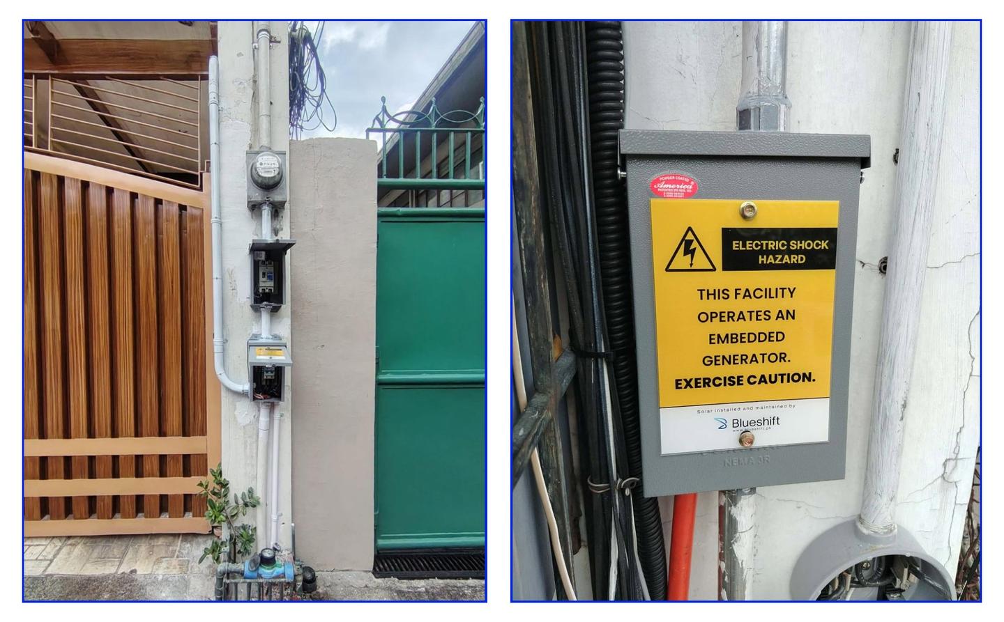 An on-site example of an outdoor solar PV disconnect switch with a yellow electric shock hazard warning sticker and neat electrical conduit installation.