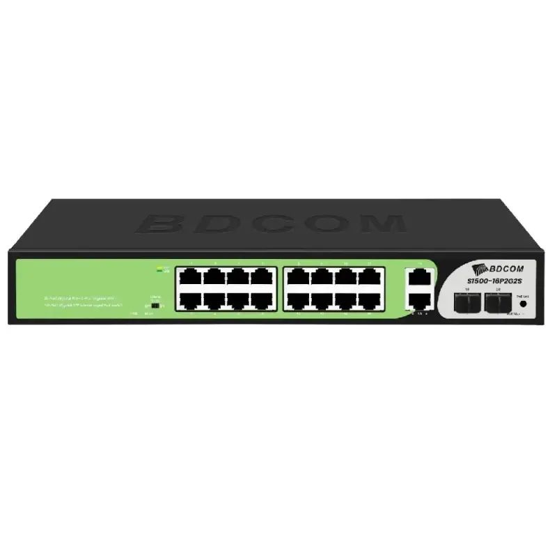 Model: S1500-16P2G2S BDCOM S1500-16P2G2S 20 Port Gigabit PoE+ Switch (16 PoE + 2 Gigabit RJ45 + 2 Gigabit SFP, 185W, Yönetilemez)