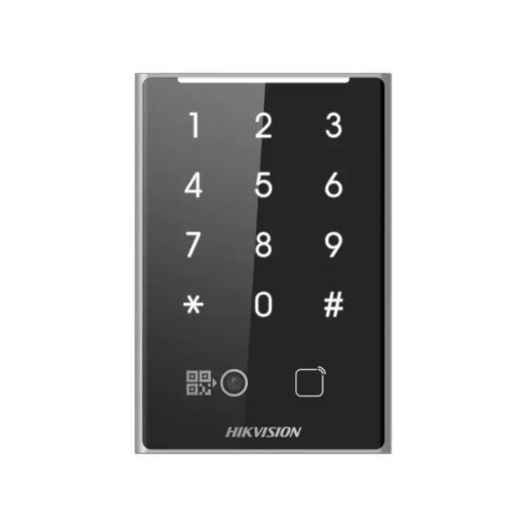 Model: DS-K1109DKB-QR Hikvision DS-K1109DKB-QR QR Kod ve Kart Okuyucu – Tuş Takımlı, Wiegand/RS-485 Bağlantılı Geçiş Kontrol Okuyucusu