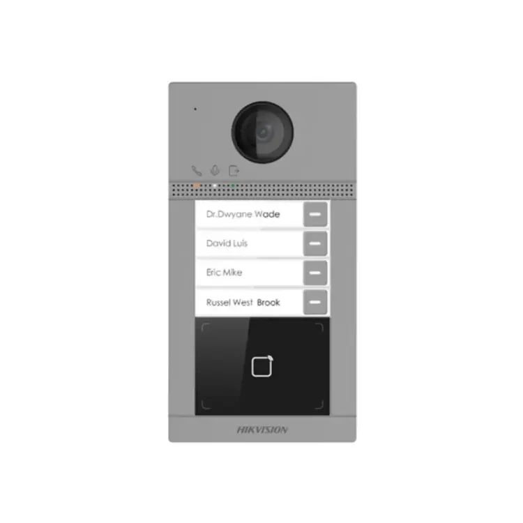 Model: DS-KV8413-WME1(B) Hikvision DS-KV8413-WME1(B) 4 Butonlu IP Villa Dış Kapı Paneli – 2MP, MIFARE, Wi-Fi