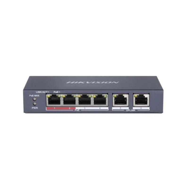 Model: DS-3E0106P-E/M Hikvision DS-3E0106P-E/M 6 Port Fast Ethernet Yönetilemez PoE Switch (4×PoE + 2×Uplink, 35W PoE Bütçesi, 300 m Extend Modu)