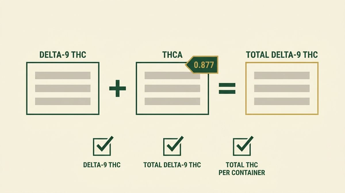 Total delta-9 THC shown as delta-9 THC plus THCA multiplied by 0.877, above the three results a certificate must report: delta-9 THC, total delta-9 THC, and total THC per container.