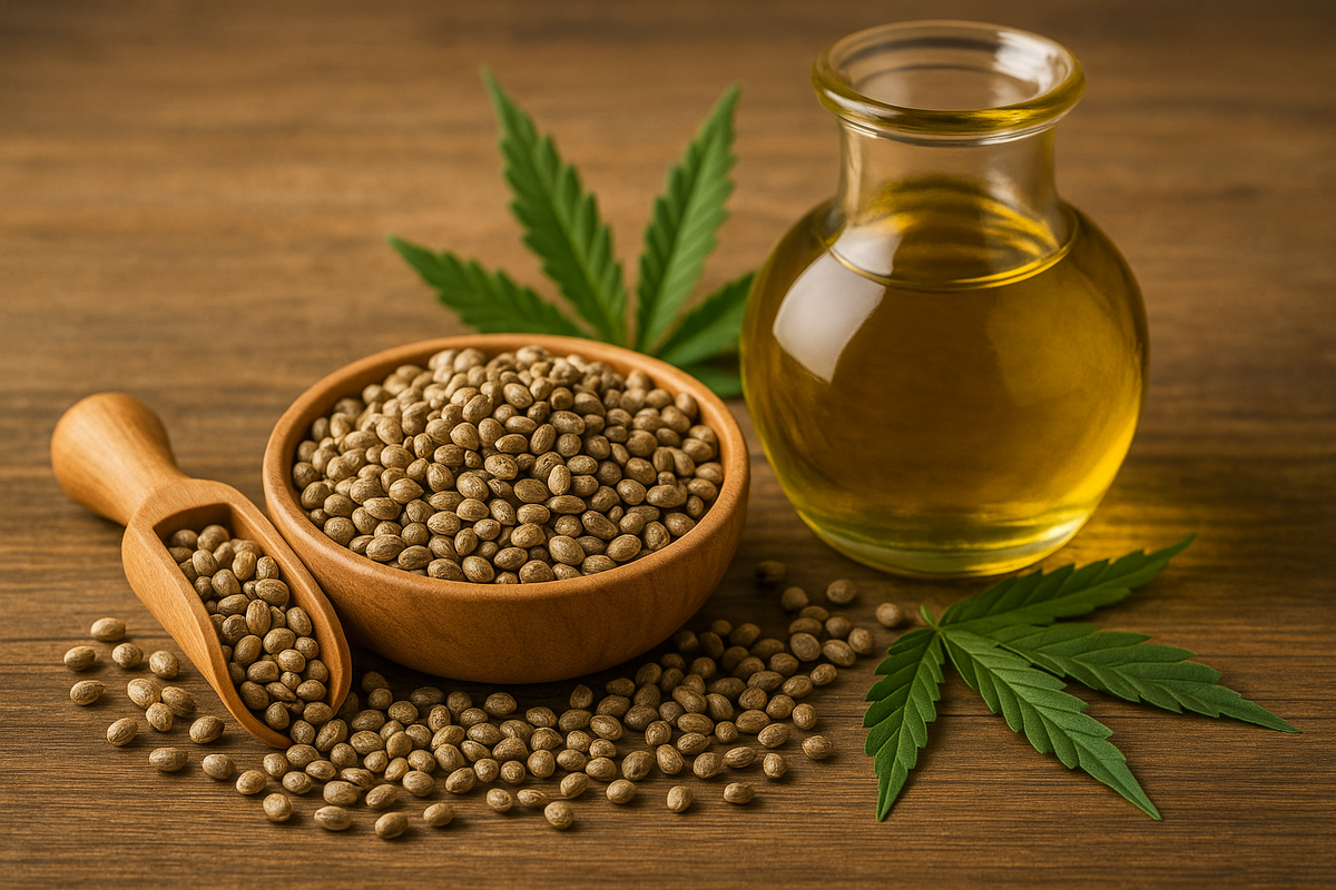 hemp leaf, seeds and hemp oil