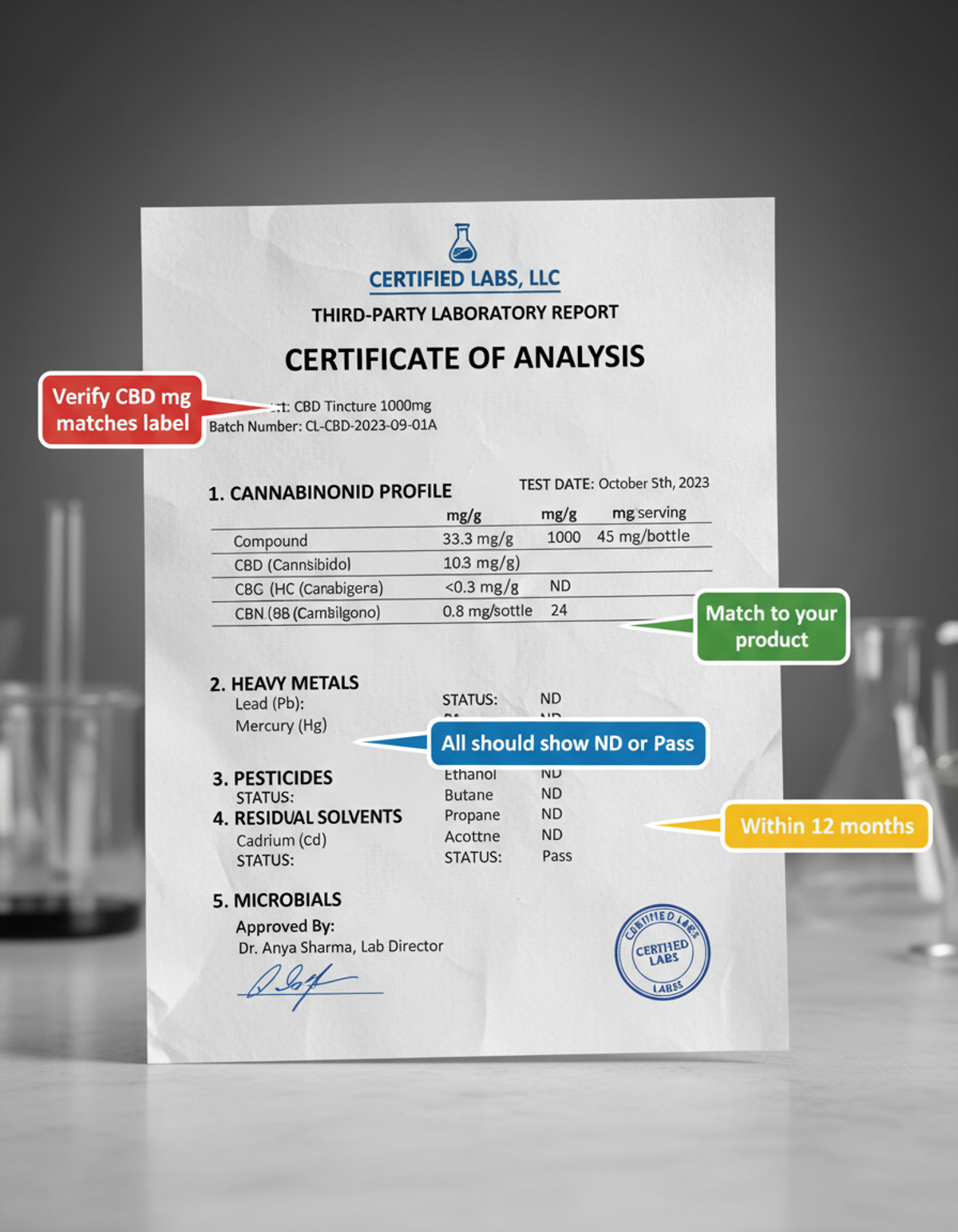 Sample Certificate of Analysis for CBD oil with annotations highlighting key sections like cannabinoid profile and contaminant testing