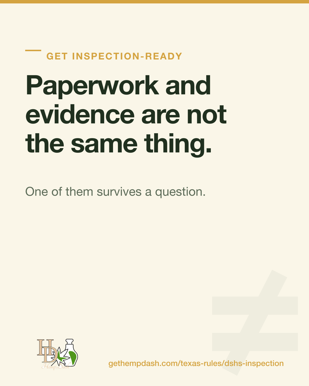 HempDash card reading "Paperwork and evidence are not the same thing."