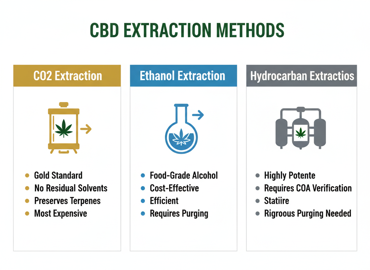 Infographic showing three CBD extraction methods: CO2, ethanol, and hydrocarbon with pros and cons for each