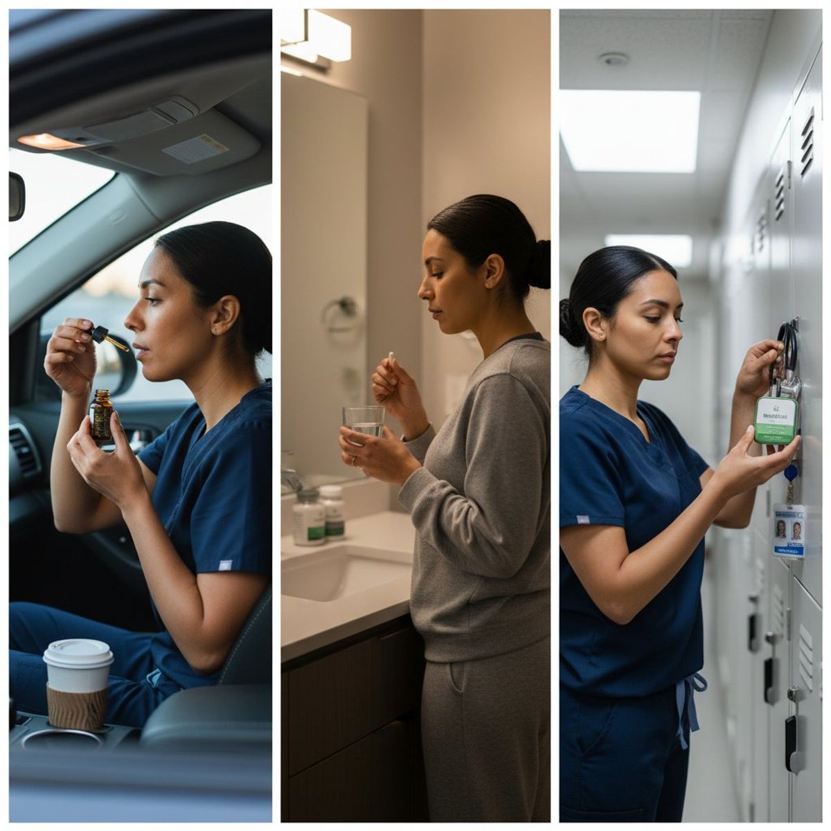 Three-panel lifestyle comparison showing same professional woman using tincture in morning car routine, taking capsule with bedtime supplements, and storing gummies in work locker