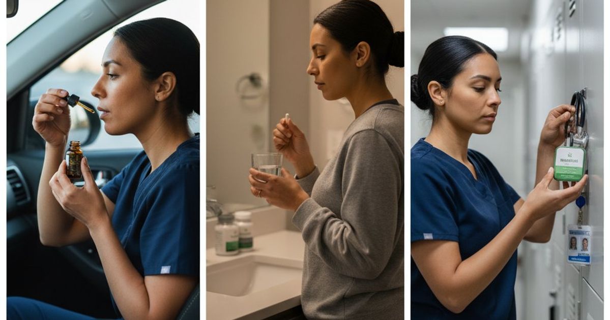 Three-panel lifestyle comparison showing same professional woman using tincture in morning car routine, taking capsule with bedtime supplements, and storing gummies in work locker