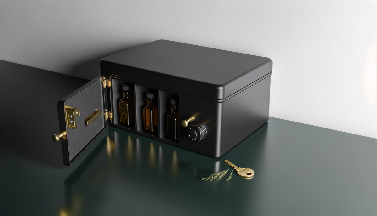 A child-resistant lockbox with combination lock in opaque design, shown open to reveal organized compartments for hemp product bottles, tinctures, and accessories — the cornerstone of a responsible hemp safety kit.