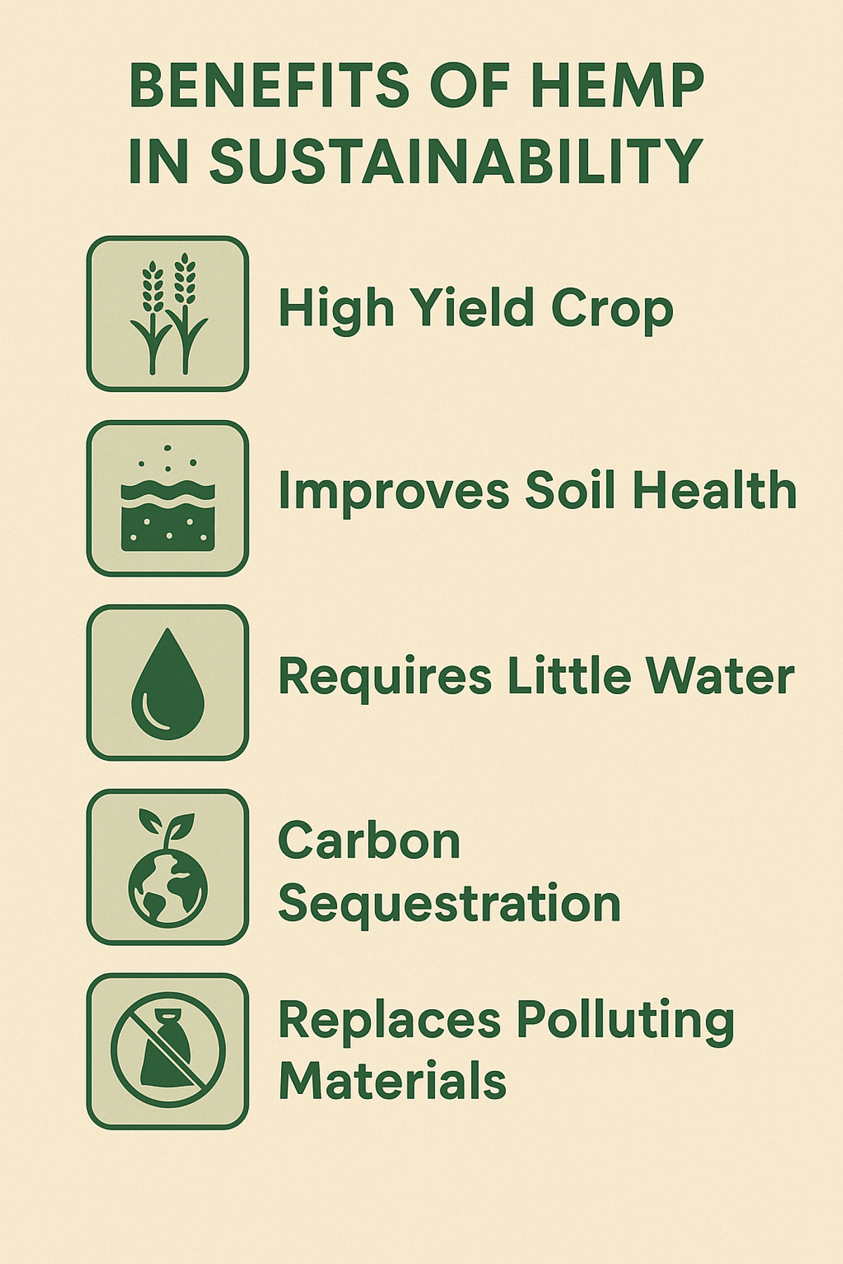 “Infographic listing sustainability benefits of hemp: low water use, fast growth, carbon capture, soil improvement”