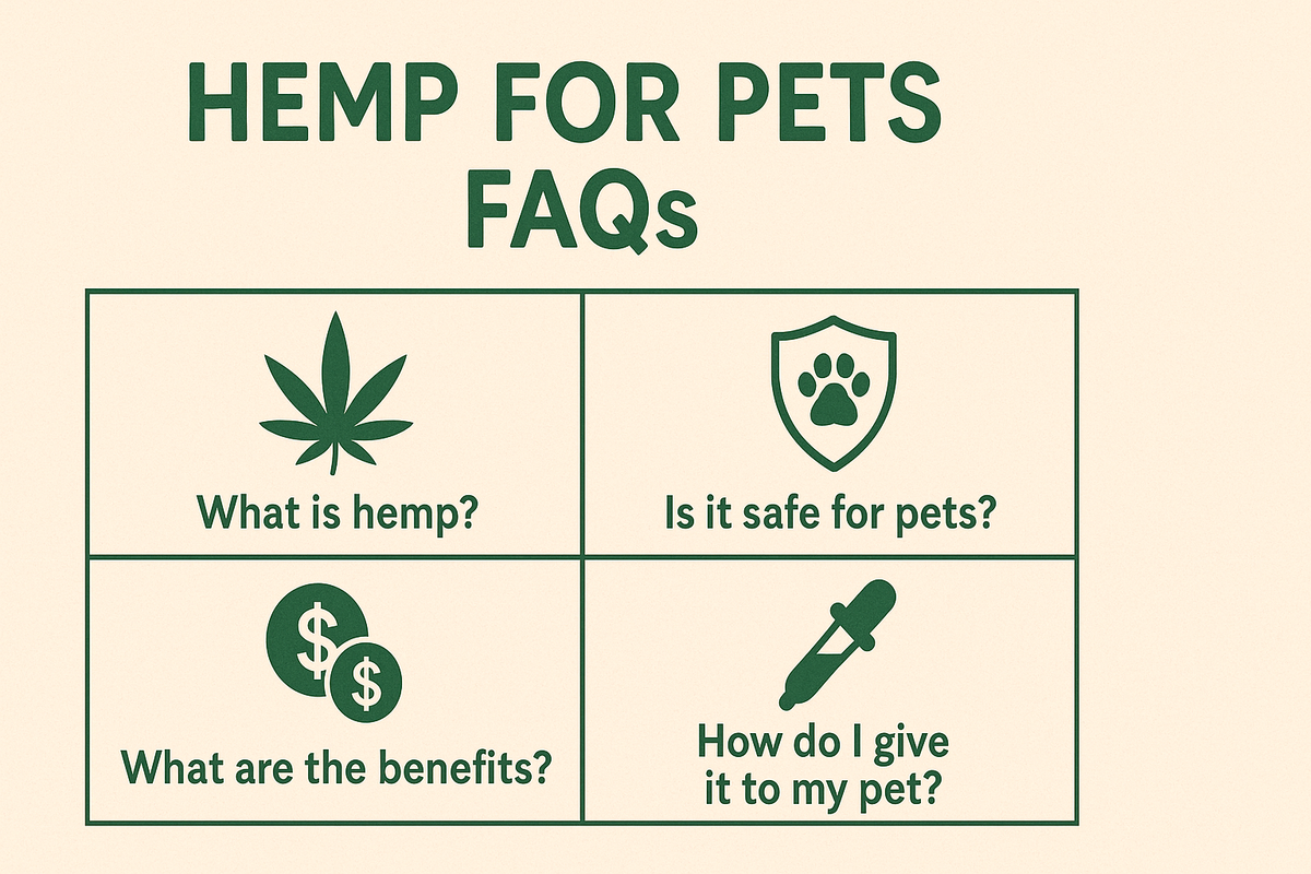 “Graphic with question mark icons representing common questions about hemp for pets”