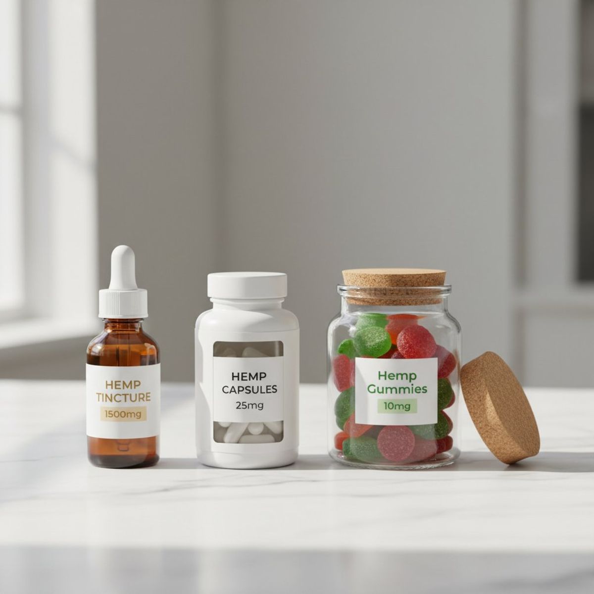 Three hemp product formats displayed side by side on clean white marble surface: amber glass tincture bottle with dropper, white cylindrical capsule bottle with visible pills through clear section, and open jar of colorful hemp gummies in green, orange, and red