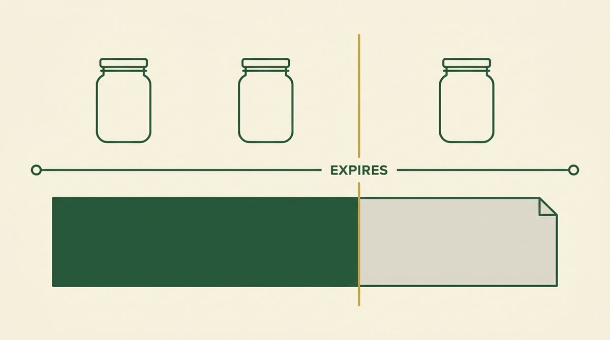A timeline crossing an expiry marker. The jars on the shelf look identical either side of it while the certificate below fades from current to lapsed.