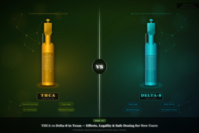 THCA vs Delta-8 in Texas — Effects, Legality & Safe Dosing for New Users