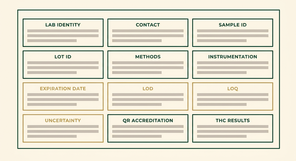 Schematic of a certificate of analysis divided into the twelve fields required by 25 TAC 300.301(d), with expiration date, limit of detection, limit of quantitation and measurement uncertainty highlighted as the fields most often absent.