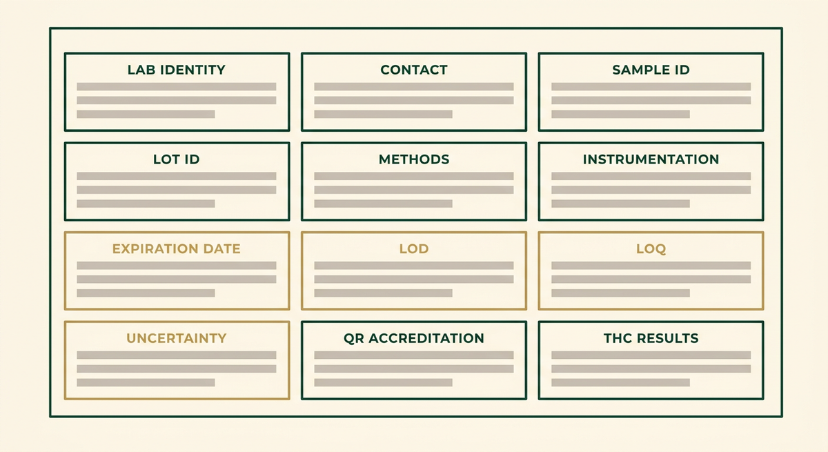 Schematic of a certificate of analysis divided into the twelve fields required by 25 TAC 300.301(d), with expiration date, limit of detection, limit of quantitation and measurement uncertainty highlighted as the fields most often absent.