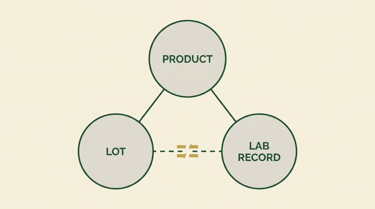 Product, lot and lab record as three linked circles, with the link between lot and lab record broken to mark the evidence gap.